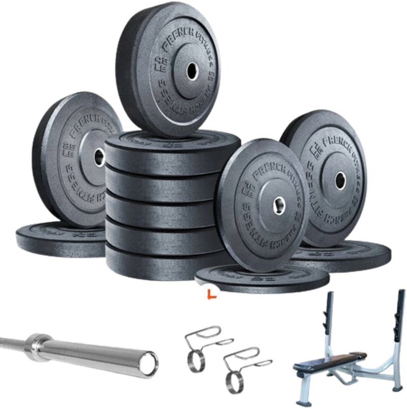 French Fitness Olympic Bumper Plate Set w/7 ft Olympic Bar 415 lbs + Bench - Crumb Rubber (New)