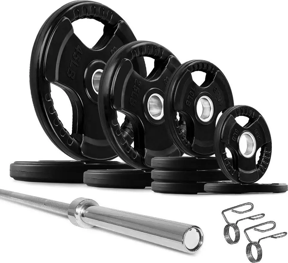 French Fitness Rubber Grip Weight Plate Set w/7 ft Bar 235 lbs + Rack + Bench (New)