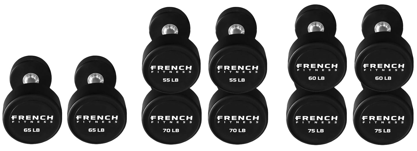 French Fitness Urethane Round Pro Style Dumbbell V2 Set, 55-75 lbs (New)