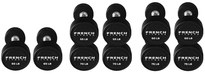 French Fitness Urethane Round Pro Style Dumbbell V2 Set, 55-75 lbs (New)