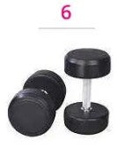 6.  Fixed Black Rubber Dumbbells: 11 lbs (5kg), 22 lbs (10kg), 33 lbs (15kg), one piece each