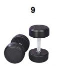 9.  Fixed Black Rubber Dumbbells: 11 lbs (5kg), 22 lbs (10kg), 33 lbs (15kg), one piece each