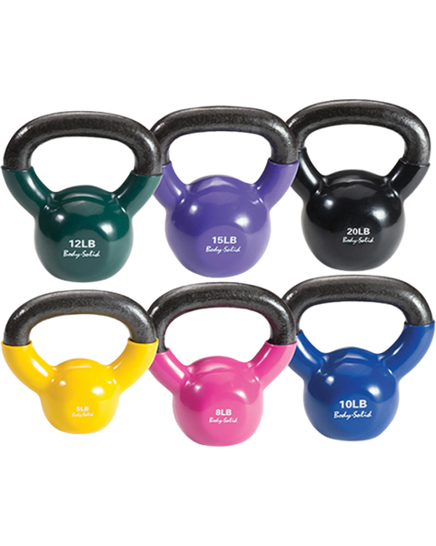 Body Solid KBVS70PACK Vinyl Coated Kettlebell Set 5-20 lb. with GDKR50 (New)