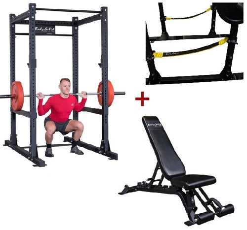 Body-Solid SPR1000SSP2 Commercial Power Rack w/Power Rack Strap Safeties + Adjustable Bench Image