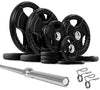 French Fitness Rubber Grip Weight Plate Set w/7 ft Bar 305 lbs + Rack + Bench (New)