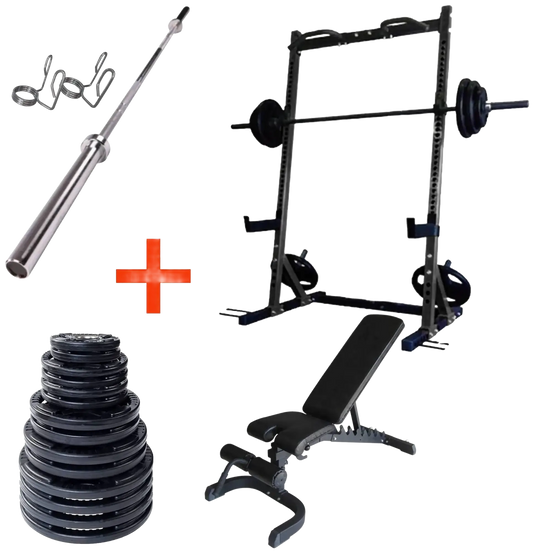 French Fitness Rubber Grip Weight Plate Set w/7 ft Bar 395 lbs + Rack + Bench (New)