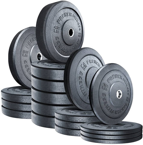 French Fitness Olympic Bumper Plates Set w/7 ft Olympic Bar 515 lbs - Crumb Rubber (New)