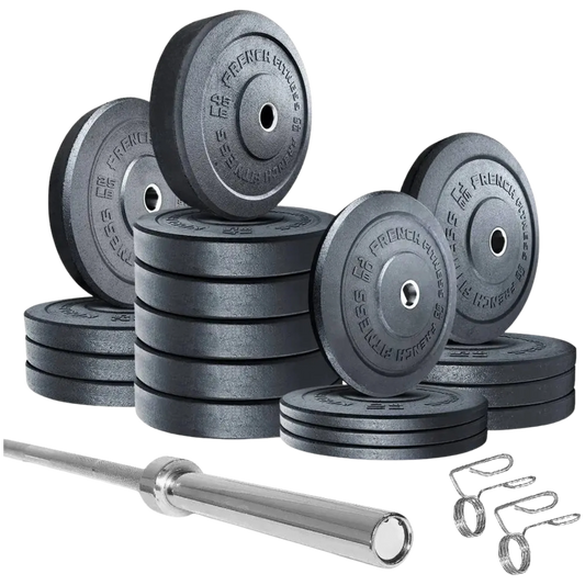 French Fitness Olympic Bumper Plates Set w/7 ft Olympic Bar 515 lbs - Crumb Rubber (New)