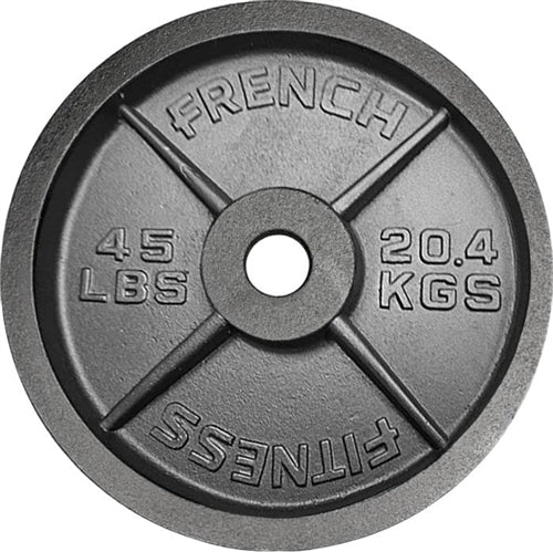 French Fitness Cast Iron Olympic Weight Plate V1 Set w/7 ft Olympic Bar 235 lbs (New)