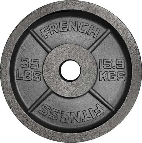 French Fitness Cast Iron Olympic Weight Plate V1 Set w/7 ft Olympic Bar 235 lbs (New)