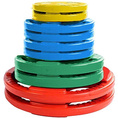 French Fitness Colored Rubber Grip Weight Plate Set w/7 ft Olympic Bar 235 lbs + Bench (New)