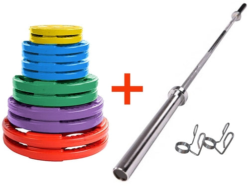 French Fitness Colored Rubber Grip Weight Plate Set w/7 ft Olympic Bar 305 lbs Image