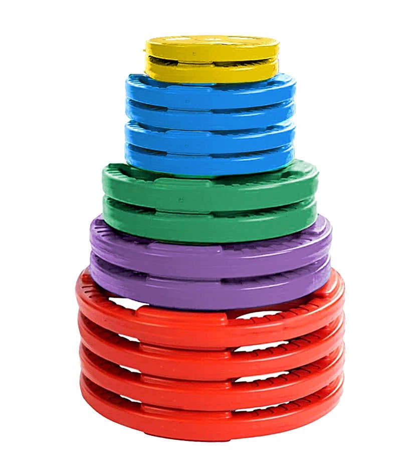 French Fitness Colored Rubber Grip Weight Plate Set w/7 ft Olympic Bar 395 lbs (New)