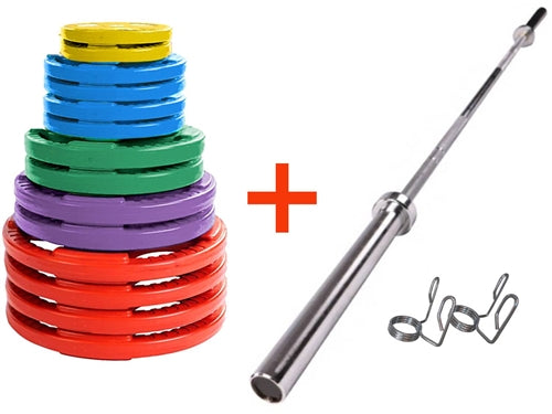 French Fitness Colored Rubber Grip Weight Plate Set w/7 ft Olympic Bar 395 lbs Image