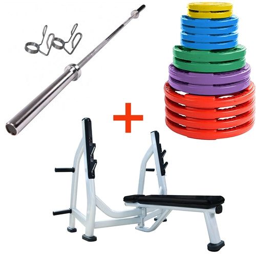 French Fitness Colored Rubber Grip Weight Plate Set w/7 ft Olympic Bar 395 lbs + Bench Image