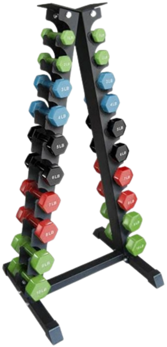 French Fitness Colorful Hex Vinyl Dumbbell Set 1 to 10 lbs w/Rack (New)