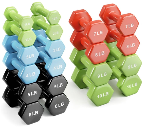 French Fitness Colorful Hex Vinyl Dumbbell Set 1 to 10 lbs w/Rack (New)