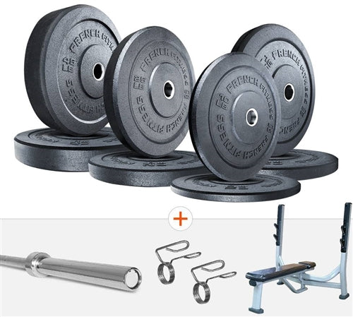 French Fitness Olympic Bumper Plate Set w/7 ft Olympic Bar 235 lbs + Bench - Crumb Rubber Image