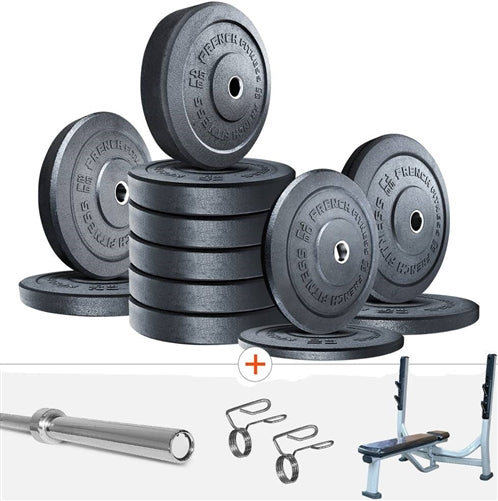 French Fitness Olympic Bumper Plate Set w/7 ft Olympic Bar 415 lbs + Bench - Crumb Rubber Image