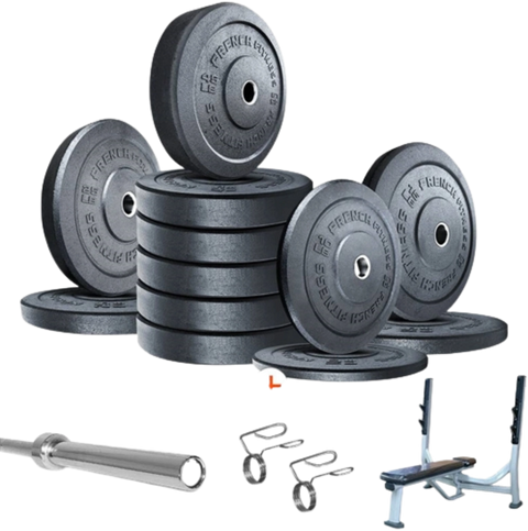 French Fitness Olympic Bumper Plate Set w/7 ft Olympic Bar 415 lbs + Bench - Crumb Rubber (New)