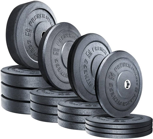 French Fitness Olympic Bumper Plates Set w/7 ft Olympic Bar 425 lbs - Crumb Rubber (New)