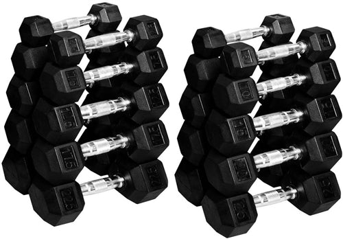 French Fitness Rubber Coated Hex Dumbbell Set 2.5-25 lbs - 10 Pair Image