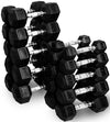 French Fitness Rubber Hex Dumbbell Set 5-100 lbs w/(2) 3 Tier Dumbbell Racks (New)