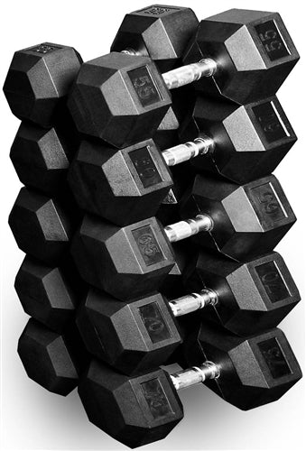 French Fitness Rubber Hex Dumbbell Set 5-100 lbs w/(2) 3 Tier Dumbbell Racks (New)