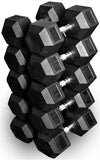 French Fitness Rubber Hex Dumbbell Set 5-100 lbs w/(2) 3 Tier Dumbbell Racks (New)