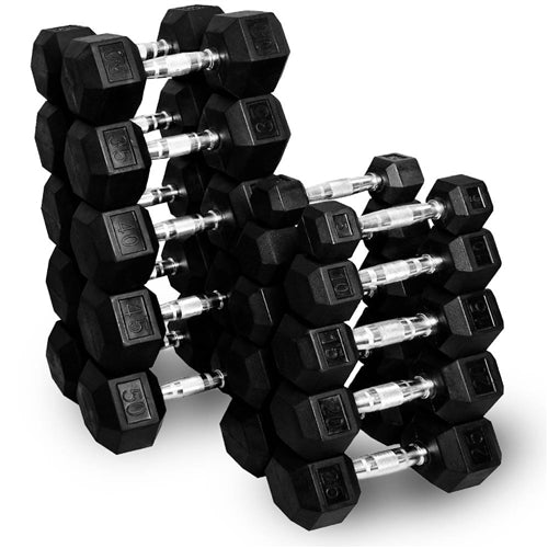 French Fitness Rubber Hex Dumbbell Set 5 to 100 lbs w/Bench + (2) 3 Tier Dumbbell Racks (New)