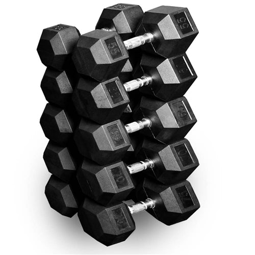 French Fitness Rubber Hex Dumbbell Set 5 to 100 lbs w/Bench + (2) 3 Tier Dumbbell Racks (New)