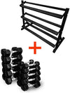 French Fitness Rubber Hex Dumbbell Set 5 to 50 lbs. w/Rack Image