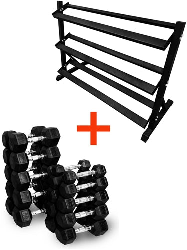 French Fitness Rubber Hex Dumbbell Set 5 to 50 lbs. w/Rack Image