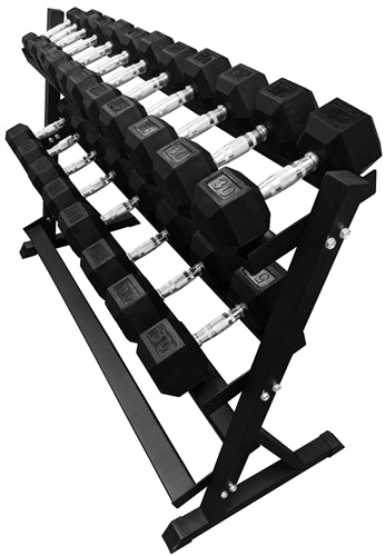 French Fitness Rubber Hex Dumbbell Set 5 to 50 lbs. w/Rack (New)