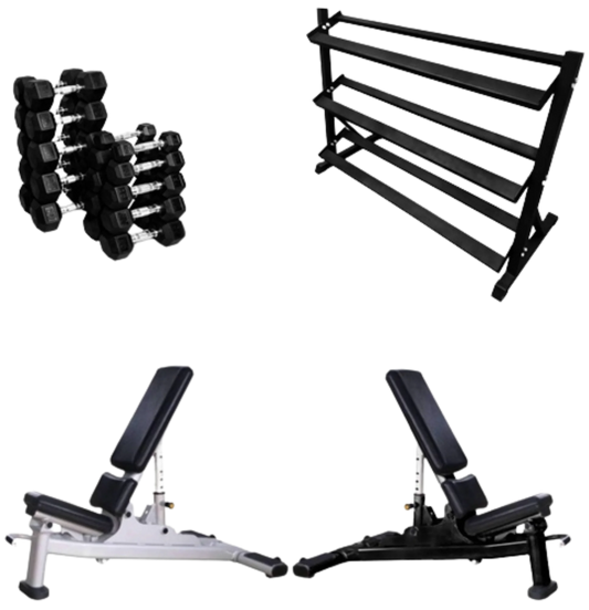 French Fitness Rubber Hex Dumbbell Set 5 to 50 lbs w/Bench + Rack (New)