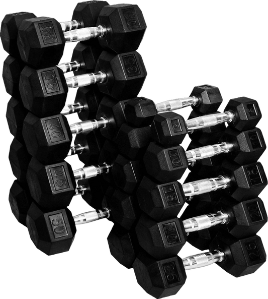 French Fitness Rubber Coated Hex Dumbbell Set 5-50 lbs (New)