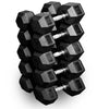 French Fitness Rubber Hex Dumbbell Set 5 to 75 lbs w/Bench + 3 Tier Dumbbell Rack (New)