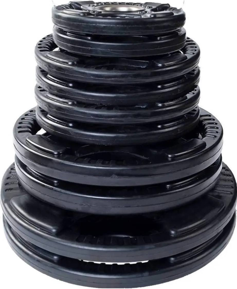 French Fitness Rubber Grip Weight Plate Set w/7 ft Bar 235 lbs + Rack + Bench (New)