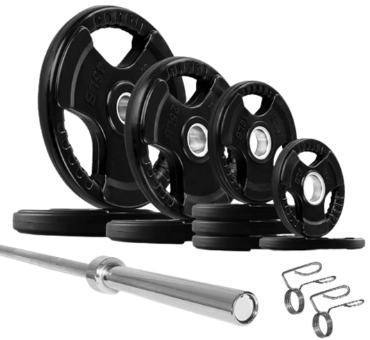 French Fitness Rubber Grip Weight Plate Set w/7 ft Olympic Bar 235 lbs (New)