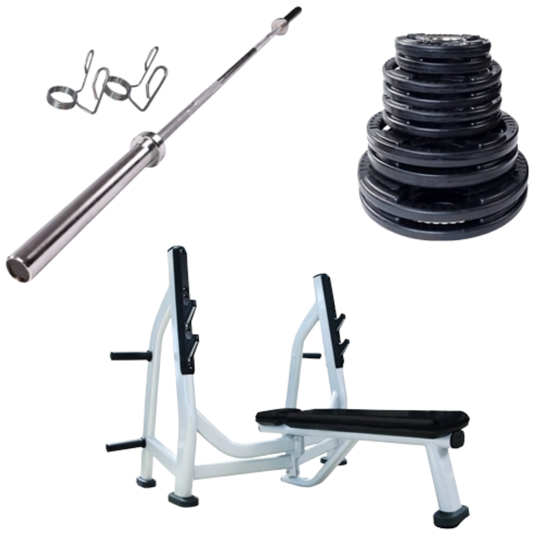 French Fitness Rubber Grip Weight Plate Set w/7 ft Olympic Bar 235 lbs + Bench (New)