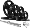 French Fitness Rubber Grip Weight Plate Set w/7 ft Bar 235 lbs + Rack + Bench (New)