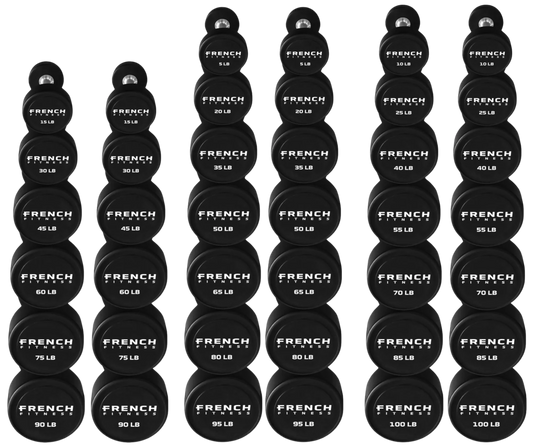 French Fitness Urethane Round Pro Style Dumbbell V2 Set, 5-100 lbs (New)