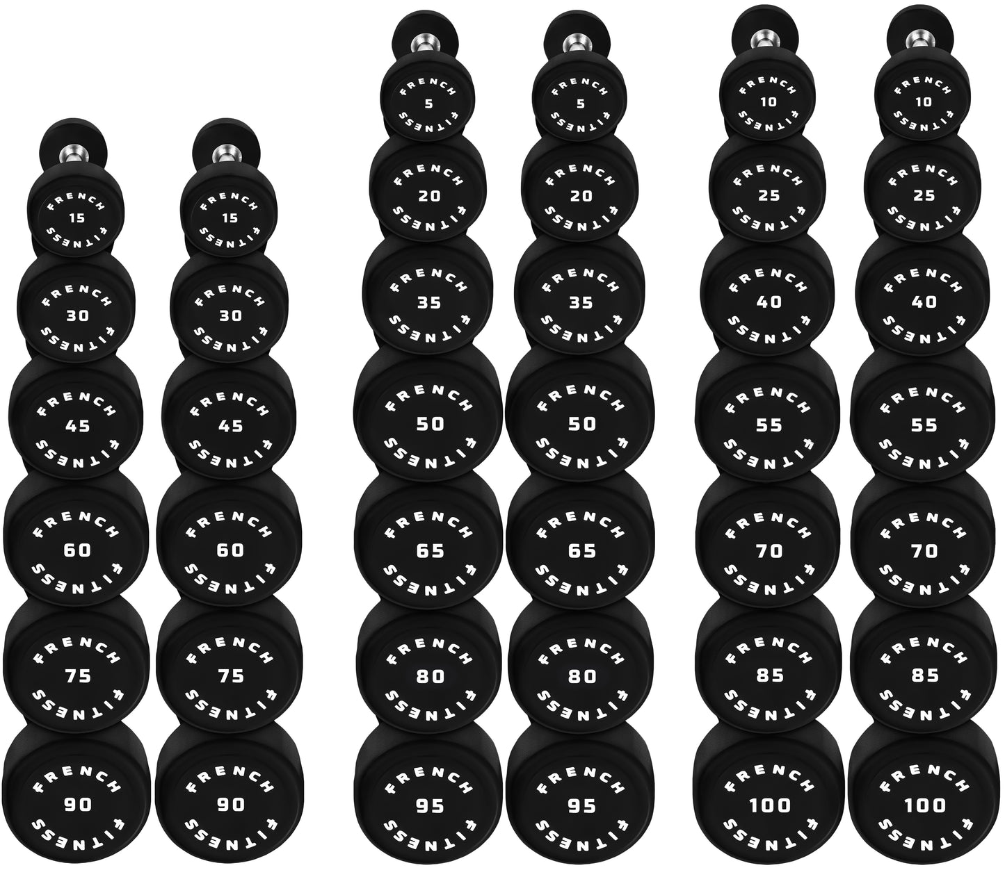 French Fitness Urethane Round Pro Style Dumbbell Set, 5-100 lbs (New)