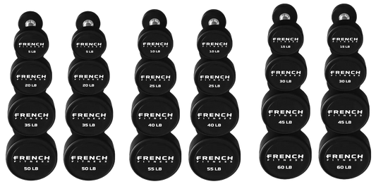 French Fitness Urethane Round Pro Style Dumbbell V2 Set, 5-60 lbs (New)