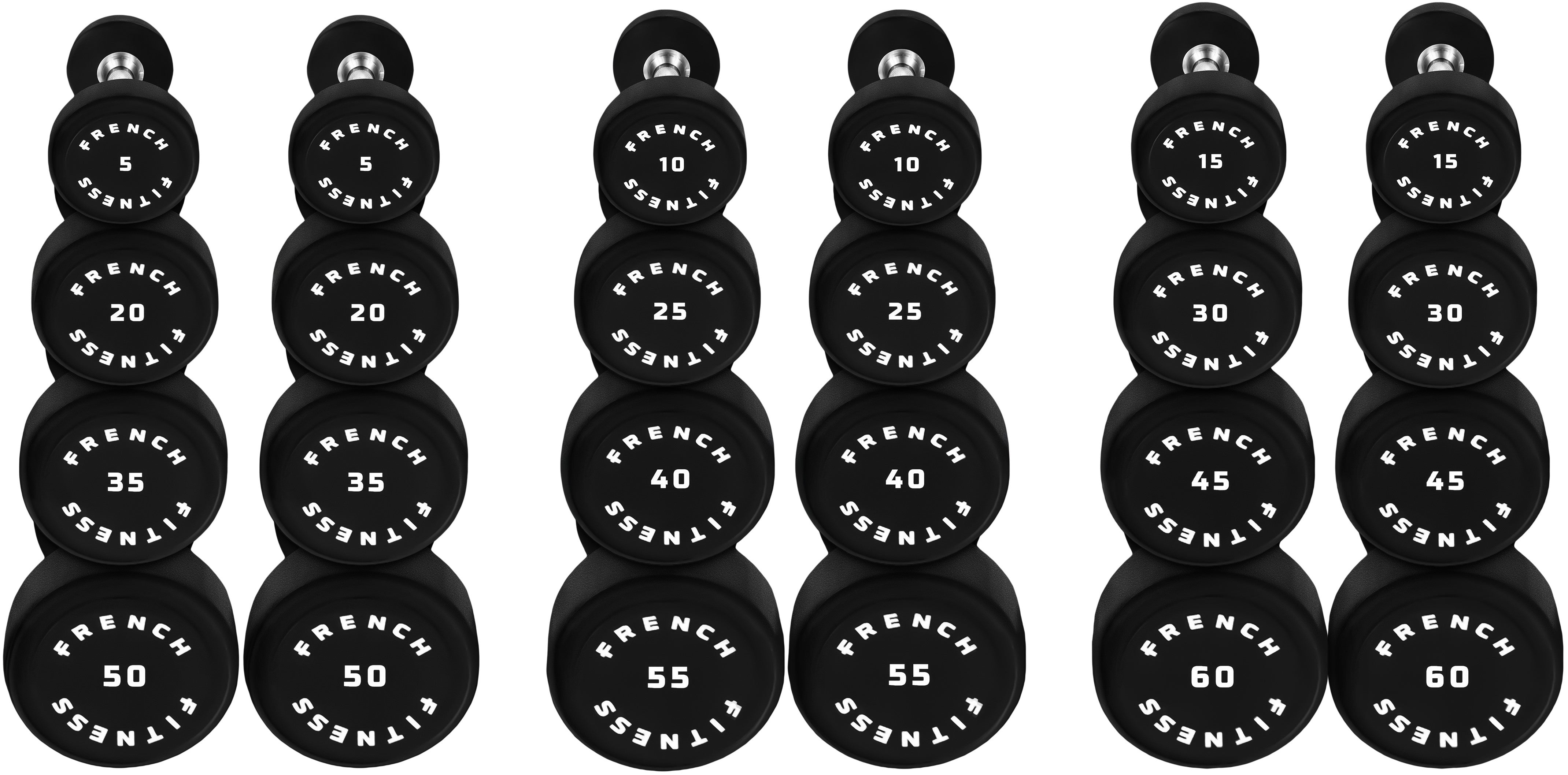 French Fitness Urethane Round Pro Style Dumbbell Set, 5-60 lbs (New)