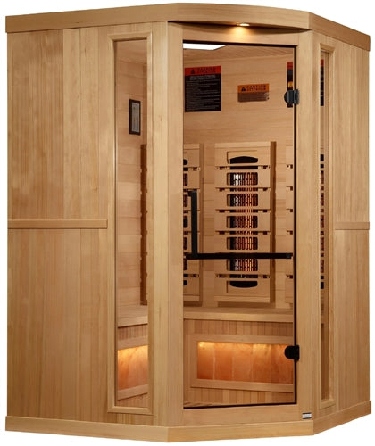 Golden Designs GDI-8035-03 3-Person Corner Full Spectrum PureTech Near Zero EMF FAR Infrared Sauna with Himalayan Salt Bar | Image