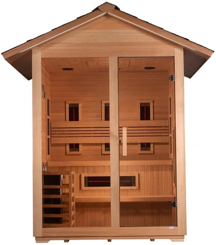 Golden Designs GDI-8123-01 Carinthia 3 Person Hybrid (PureTech Full Spectrum IR or Traditional Stove) Outdoor Sauna - Canadian Hemlock (New)