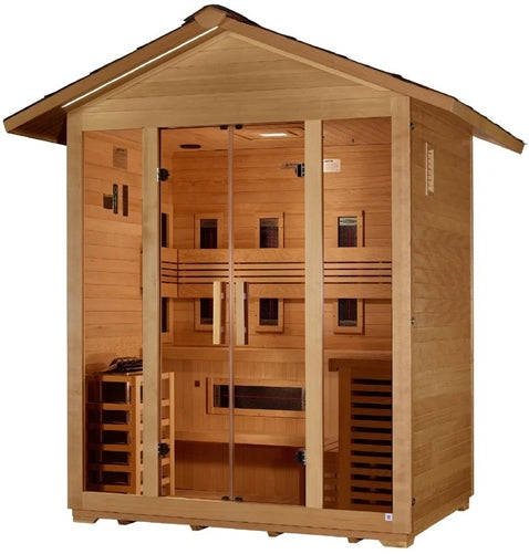 GoldenDesigns GDI-8125-01 Gargellen 5 Person Hybrid (PureTech Full Spectrum IR or Traditional Stove) Outdoor Sauna - Canadian Hemlock (New)