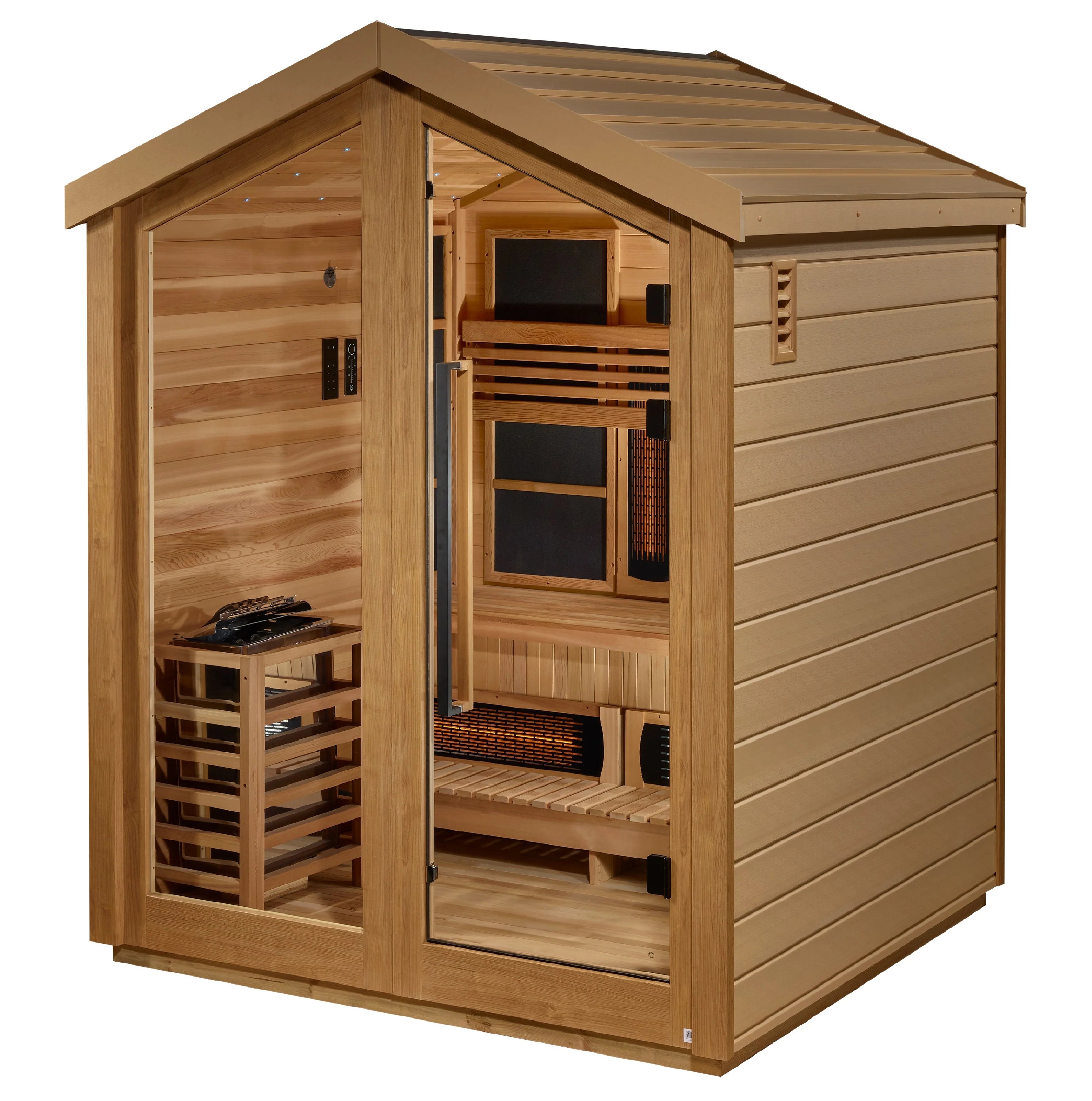 Golden Designs GDI-8523-01 Loviisa 3 Person Hybrid (PureTech Full Spectrum IR or Traditional Stove) Outdoor Sauna - Canadian Red Cedar Interior (New)