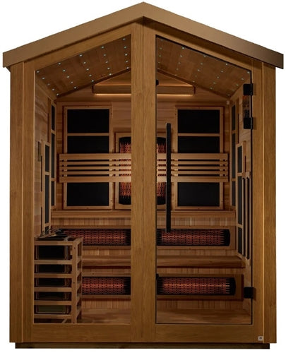 Golden Designs GDI-8526-01 Kaskinen 6 Person Hybrid (PureTech Full Spectrum IR or Traditional Stove) Outdoor Sauna - Canadian Red Cedar Interior (New)